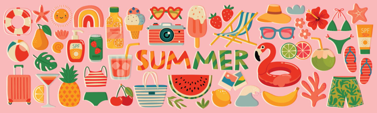 Summer  graphic elements set. Collection of Hand drawn summer food, drinks, fruits and other elements for your design. Vector illustration. 