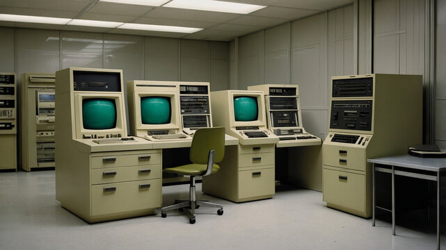 Vintage 1970s computer control room with green CRT monitors mainframe terminals and retro office furniture