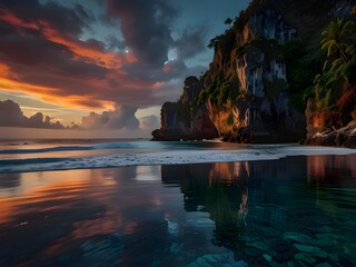 A Breathtaking Sunset Over a Peaceful Tropical Cove, Where Towering Cliffs, Lush Greenery, and Crystal-Clear Waters Reflect the Fiery Sky for travel.  