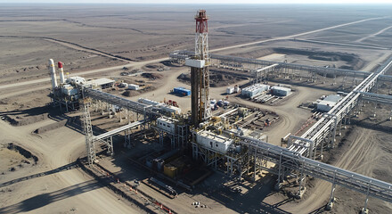Oil drilling operation in a vast desert landscape during clear daytime