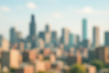 Blurry view of a city skyline with high-rise buildings under a clear blue sky.