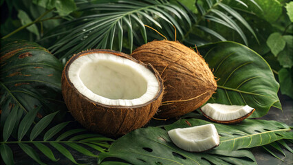 Fresh Tropical Coconut with Detailed Texture and Foliage Background