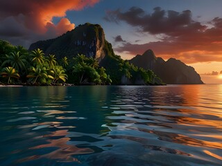 A Breathtaking Sunset Over a Peaceful Tropical Cove, Where Towering Cliffs, Lush Greenery, and Crystal-Clear Waters Reflect the Fiery Sky for travel.  