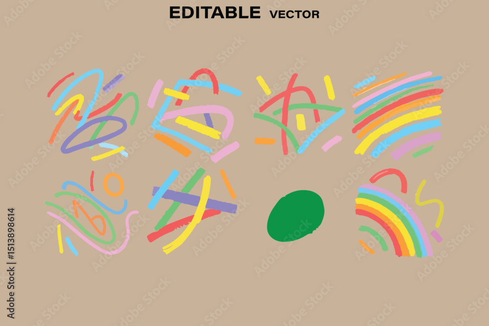 Poster collection of abstract hand drawn colorful shapes and lines on a tan background in vector format