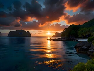 A Breathtaking Sunset Over a Peaceful Tropical Cove, Where Towering Cliffs, Lush Greenery, and Crystal-Clear Waters Reflect the Fiery Sky for travel.  