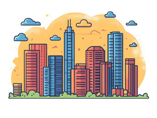 A city skyline with a cloudy sky in the background