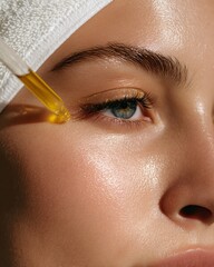 Close-up of smooth, glowing skin with nourishing oil applied by dropper, warm natural tones, ideal for skincare or spa promotion.