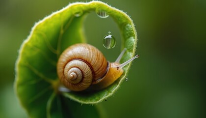Garden snail rests green leaf with water droplet. Macro shot of mollusk shell, spiral shape in nature. Focus on snail, helix pattern. Ecology, wildlife, snail journey in rainy season.