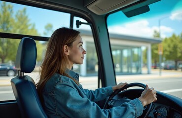 Young woman driving shuttle bus at city suburban bus station. Female driver working in transportation. Woman occupation, employment concept. Transportation, city life, modern life, pro jobs themes.