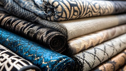 Rolled fabric swatches in various patterns and colors.