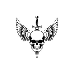Obraz premium Skull with Sword and Wings Icon: A macabre yet artistic depiction of a skull pierced by a sword, adorned with wings, set against a stark background.