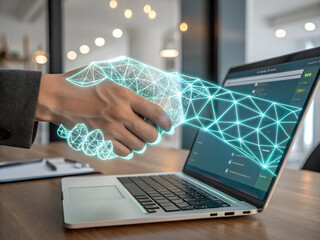 a digital handshake, a laptop in tech and human hand