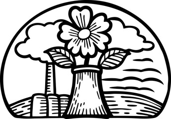 Fototapeta premium Flower in vase with trees and landscape background, simple black and white line drawing illustration