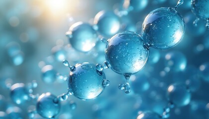 Macro image of hydrogen cell molecules with water atoms. Science tech art represents green eco energy innovation. Abstract clean transparent background, energy saving concept.