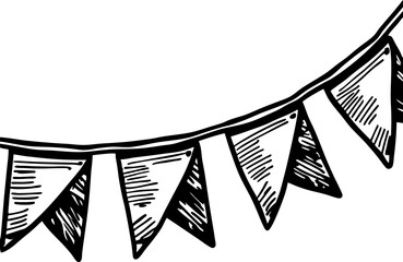 Hand drawn festive pennant banner, triangular flags strung in a row black and white decorative party decoration illustration