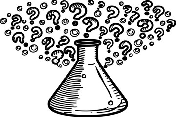 Chemical science experiment flask with swirling question marks curiosity, discovery, innovation, learning and exploration