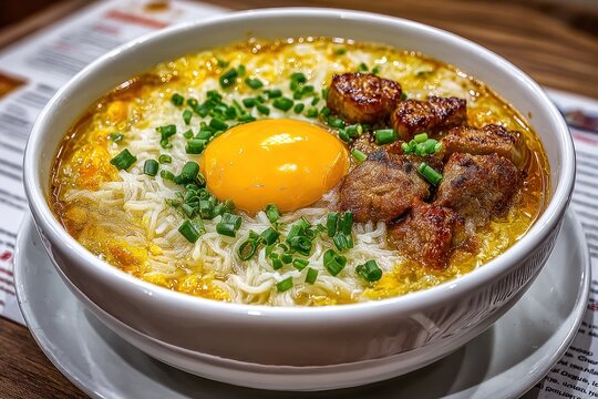 Tasty batchoy noodle soup with pork organs, egg, and scallions at a busy Iloilo eatery