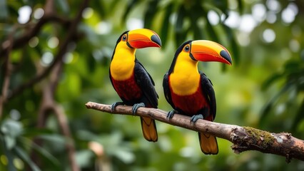 A pair of Toucan sitting on the branch in the forest green