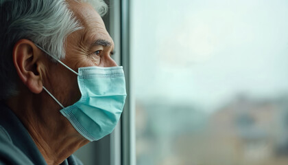 Close-up portrait of elderly man with gray hair wearing medical mask looks through window. Senior pensioner in protective face mask at home during coronavirus pandemic. Healthcare concept.