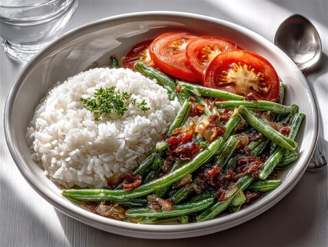 Sauted string beans served with white rice and tomatoes create a nutritious and homely lunch setting