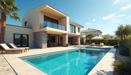 Fototapeta premium Luxury modern house with pool backyard on sunny day. Villa with blue water swimming pool. Tropical vacation rental resort for family. Comfortable home, elegant design, bright style. Real estate