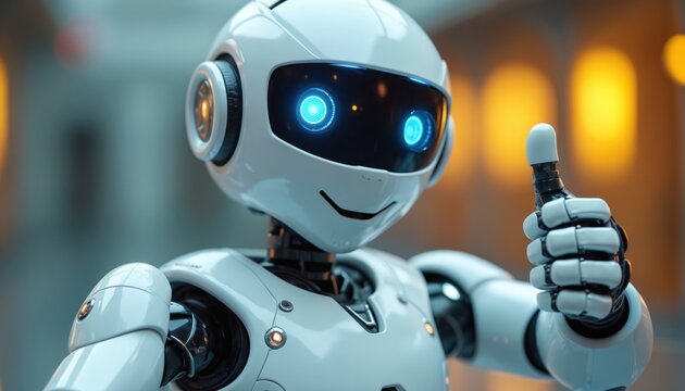 Futuristic white robot with glowing blue eyes gives thumbs up. Artificial intelligence, AI robot, showing positive sign. Modern technology, robotics, digital, cybernetic, future tech, android,