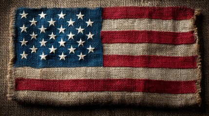 American Flag on Burlap Fabric
