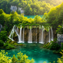 Obraz premium Lush Waterfall in Vibrant Green Forest: Nature Photography