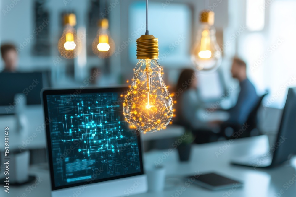 Poster business bright idea concept. modern workspace featuring a glowing light bulb and technology-inspire