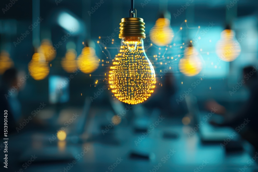 Poster business bright idea concept. Illuminated light bulb with glowing elements in a modern workspace setting.