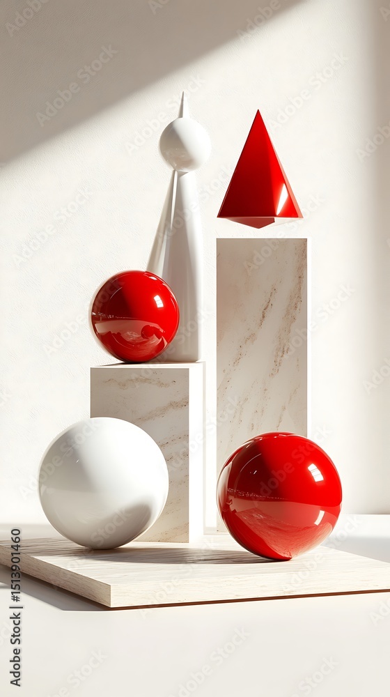 Poster geometric still life with red sphere, white objects, and marble column on white