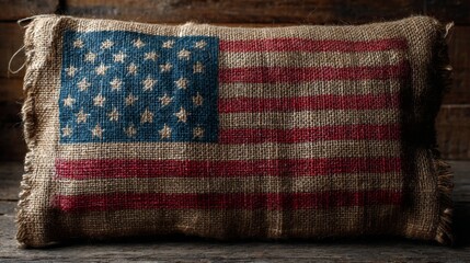 Rustic Burlap American Flag on Wooden Background