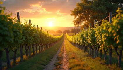 Fototapeta premium Picturesque vineyard at sunset with golden light bathing rows of vines. Charming landscape with rows of grape vines. Farming nature. Agriculture, harvest. Peaceful rural countryside scene at dusk.