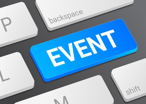 Close Up Event Button on Laptop or Computer Keyboard for Online Booking, Calendar Scheduling, Party Invitation and Conference Management 3D Illustration
