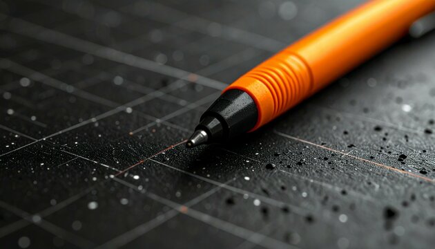 Close up of an orange and black pen on a black cutting mat with white specks and grid lines visible