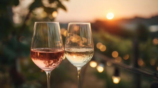 Elegant ros&eacute; and white wine glasses clinking at sunset with bokeh lights, warm pink and gold tones, perfect for lifestyle or ads