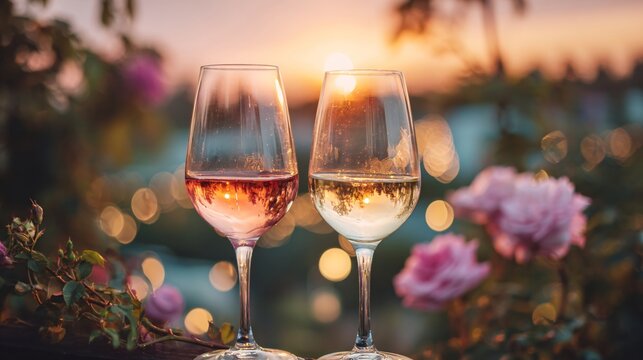 Elegant ros&eacute; and white wine glasses clinking at sunset with bokeh lights, warm pink and gold tones, perfect for lifestyle or ads