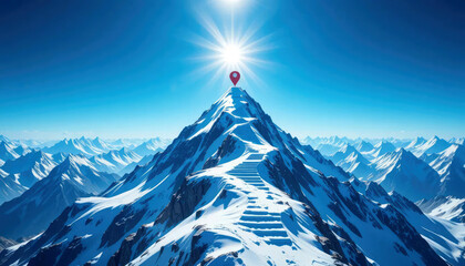 Snowy Mountain Peak with Trail and Location Pin Icon