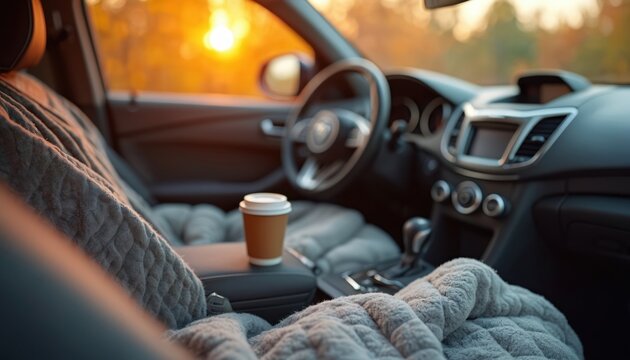 Cozy car interior with soft quilted blanket, warm coffee cup. Beautiful autumn sunset background, creating comfortable journey. Travel, rest, peaceful lifestyle, inviting mood for relaxation.