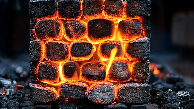 Close-Up of Burning Charcoal Briquettes for Barbecue Grilling and Cooking Preparation