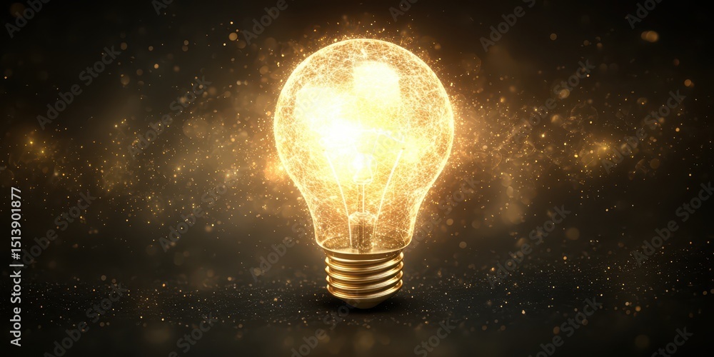 Poster business bright idea concept. bright glowing light bulb surrounded by shimmering particles on a dark