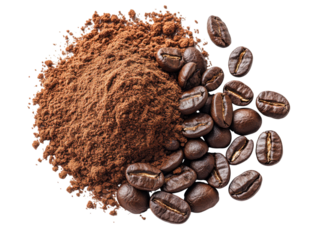A pile of coffee beans and coffee powder