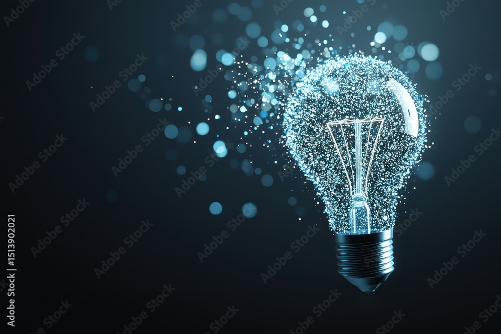 Poster business bright idea concept. illuminated light bulb with sparkling particles against a dark backgro