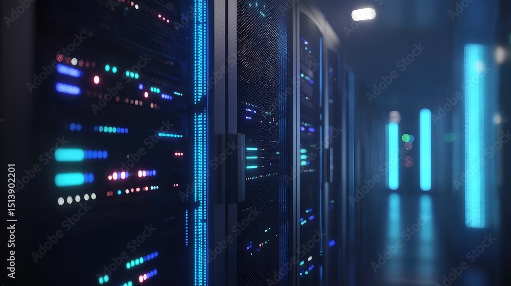 Poster dimly lit data center corridor with glowing multicolored server indicators and ambient blue lighting