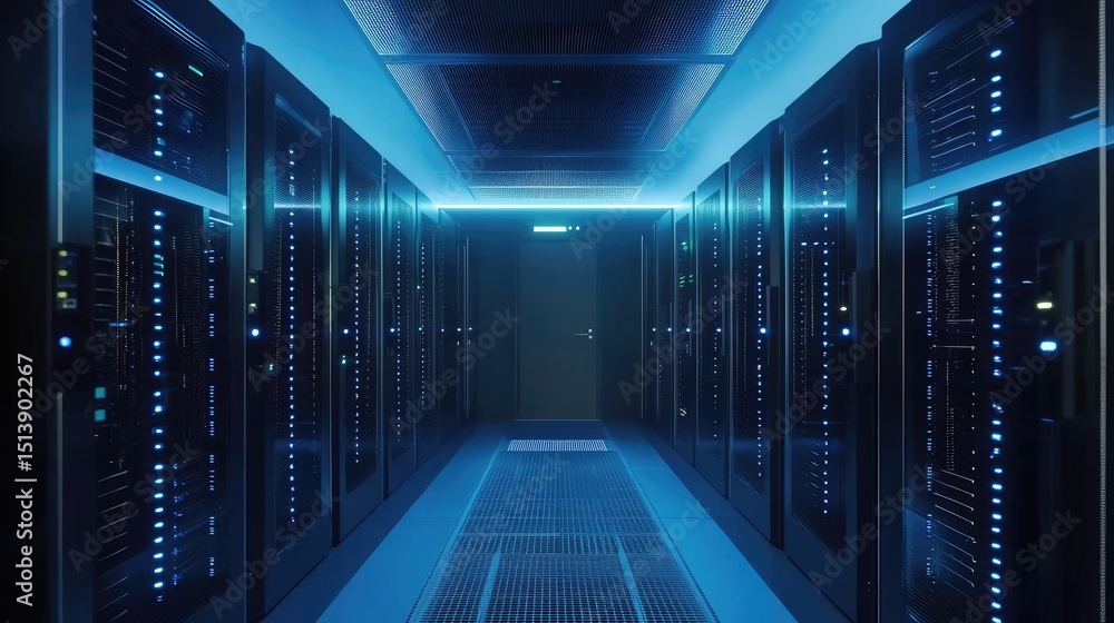 Aufkleber high-tech server hallway with rows of data racks under cool blue lighting, perfect for illustrating 