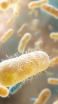 3d microscopic view of bacteria, highlighting their intricate structures and dynamic movement.  The vibrant colors and sharp focus create a mesmerizing visual experience, ideal for educational