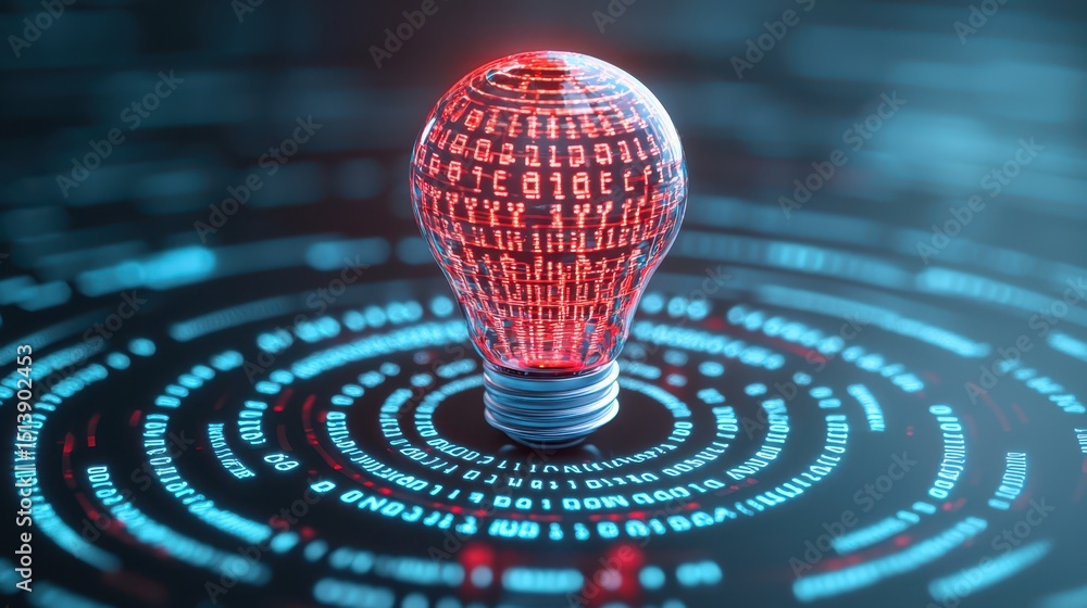 Poster business bright idea concept. Digital lightbulb design with binary code in a futuristic setting.