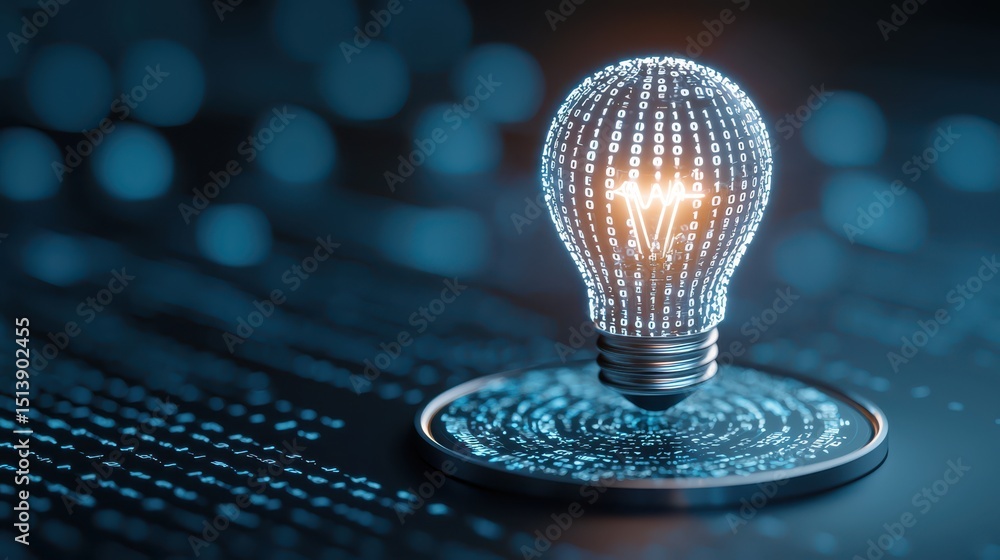 Aufkleber business bright idea concept. Light bulb made of binary code with a glowing effect on a dark background.