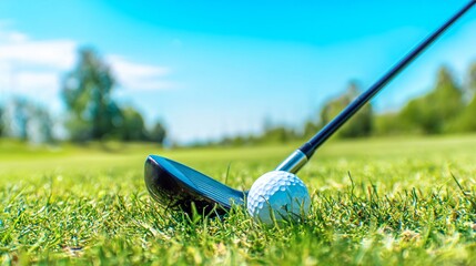 Golf club and ball on green grass under clear blue sky, vibrant outdoor scene, perfect for sports advertising or editorial design