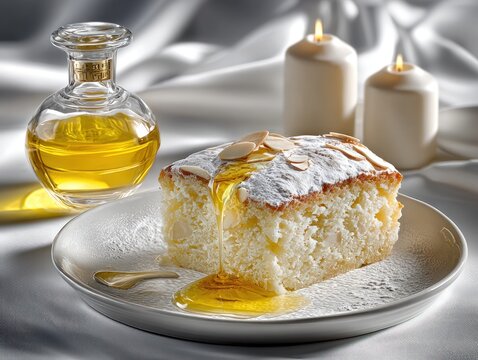 Indulgent slice of toucinho do cu cake topped with powdered sugar, served beside golden honey and lit candles